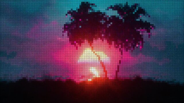 Vibrant 8-bit style retro pixel art animation featuring a glowing pink and purple sunset behind dark tropical palm tree silhouettes. Great for synthwave backgrounds and nostalgic summer concepts.