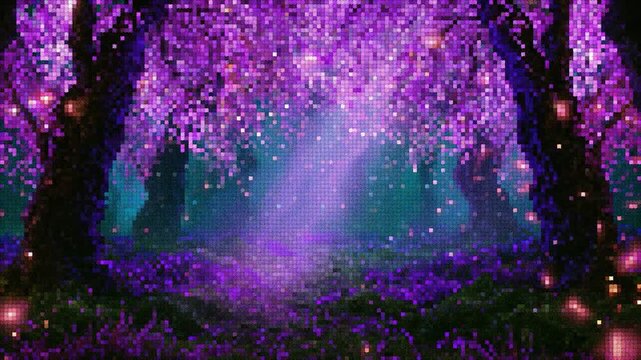 Enchanting pixel art fantasy forest landscape bathed in mystical purple light with floating glowing particles and fireflies. Ideal for retro roleplaying games, magical concepts, and lo-fi backgrounds.