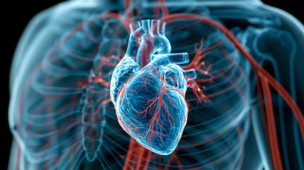 Fototapeta premium Glowing azure 3D illustration of human heart with red blood vessels and transparent torso on black background, defocused anatomical medical visualization, with copy space