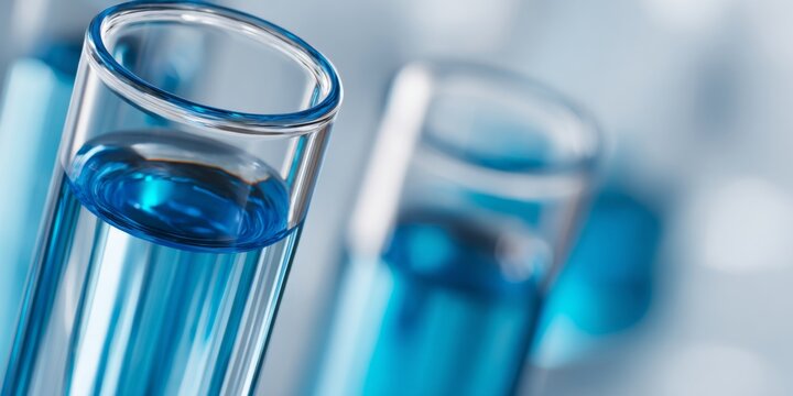 Close-Up View of Transparent Test Tubes with Blue Liquid Against a Light Background Representing Scientific Research and Laboratory Experimentation