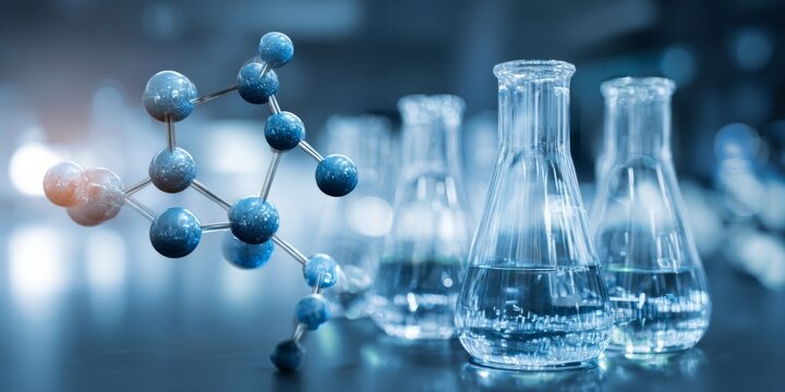 Lab Equipment with Molecular Structure in Modern Laboratory Setting with Blue Lighting Effects and Clear Glass Flasks for Scientific Research and Education