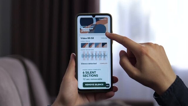 Smartphone video editor detects silent sections in audio and prepares automatic cleanup, reflecting faster AI-assisted post-production for modern digital creators.