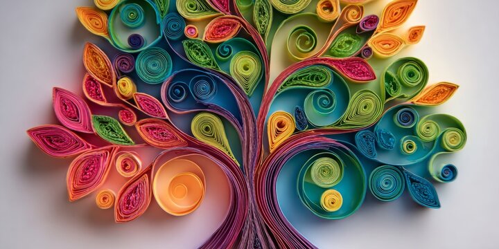 Colorful Quilling Art Tree Design with Swirling Waves and Vibrant Floral Elements in Creative Paper Crafting Technique
