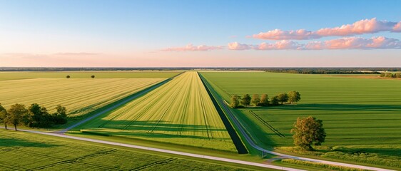 Naklejka premium Open countryside fields with trench and cable laid along rural road under sunset sky