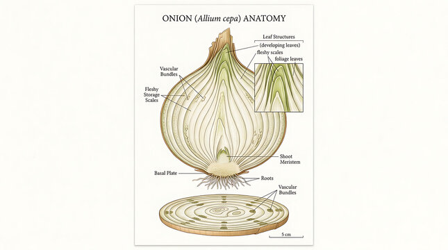 Detailed anatomical diagram of an onion showing internal structure, bulb scales, roots, and leaf structure with scientific labels