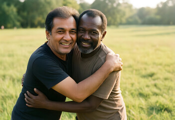 Fototapeta premium Inclusion and diversity two senior men embracing in a park friendship and brotherhood healthy aging and social connection in a natural outdoor setting