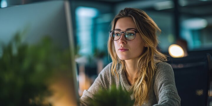 Young Professional Woman Working at Desk with Computer and Plant in Modern Office Setting for Remote Work or Corporate Environment