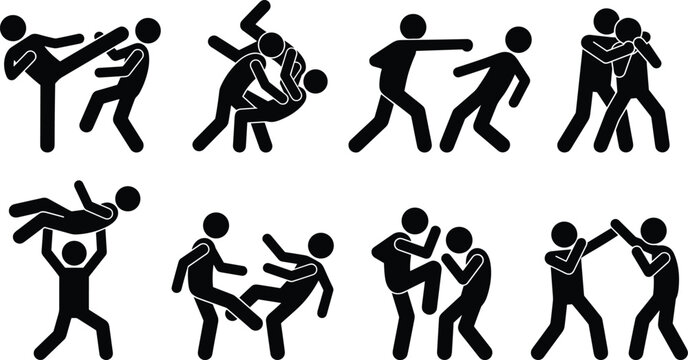 Martial Arts and Fighting Stick Figures Pictogram Set Showing Combat Punching Kicking Wrestling Poses