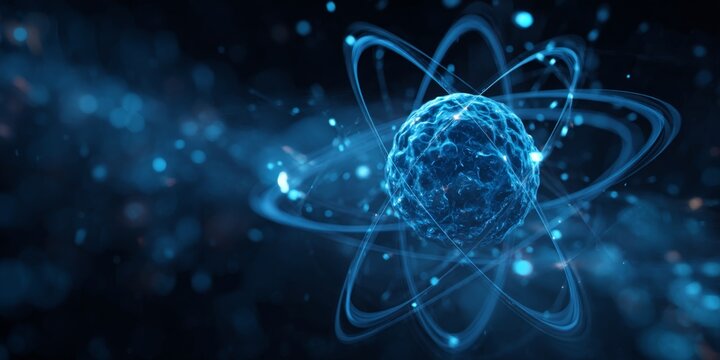 Futuristic Digital Technology Background with Atomic Structure and Glowing Particles Representing Science and Innovation in Deep Blue Color Palette