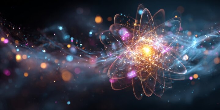 Abstract representation of atomic structure with vibrant colors and glowing particles, showcasing energy flow and digital connections in a cosmic environment