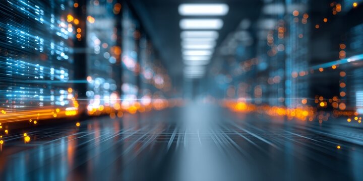 Futuristic Data Center with Bright Blue and Orange Lights Illuminating Server Racks in Motion Blurred Technology Concept for Digital Transformation