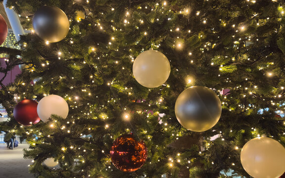 Christmas decorations on pine tree