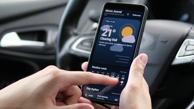 Driver checks a mobile weather app inside a car, exploring daily conditions, hourly changes and travel-ready forecasts as digital planning shapes modern routines.