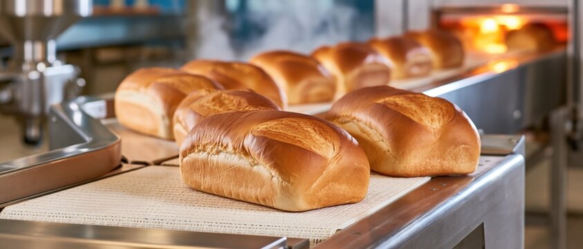Freshly baked loaves on conveyor in clean bakery production line