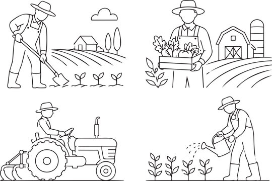 Farming and Agricultural Worker Activity Outline Vector Icon Collection