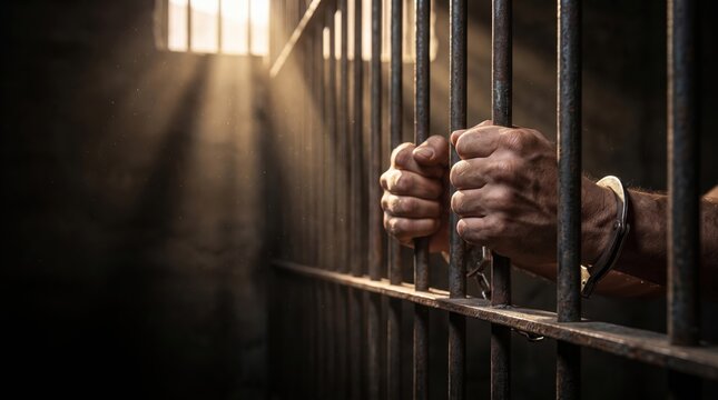 dirty hands of arrested man in handcuffs gripping iron prison bars. dramatic sunlight in dark jail cell. concept of crime, justice and captivity. copyspace. banner, website header.