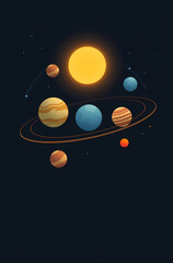 Fototapeta premium Stylized illustration of a solar system with the sun and multiple planets orbiting against a dark starry background.