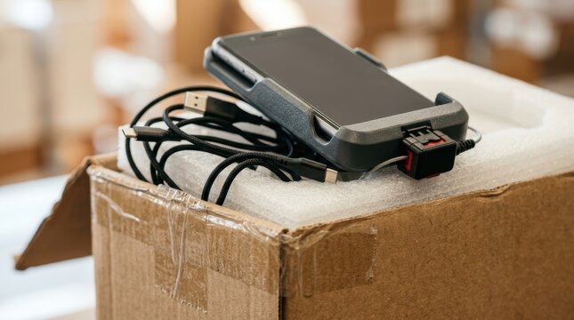 Cardboard shipping box corner with packing tape, foam inserts, usb cables, retail security tag, and smartphone cradle
