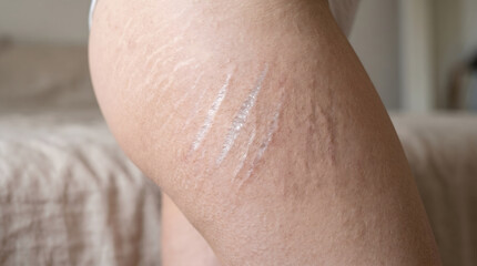 Fototapeta premium The woman's thighs have stretch marks.