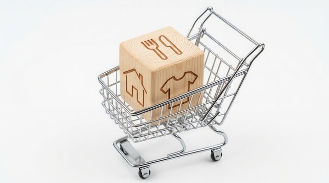 Essential Needs Represented On A Cube In A Shopping Cart