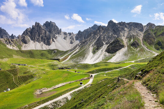 Axamer Lizum, Tyrol - View of the austrian alps in the summer. Green and rocky mountain scenery of Tyrol