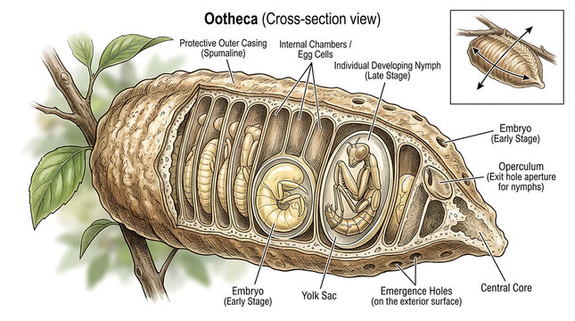 Scientific cross-section diagram of a praying mantis ootheca egg case showing the internal structure and developing nymphs