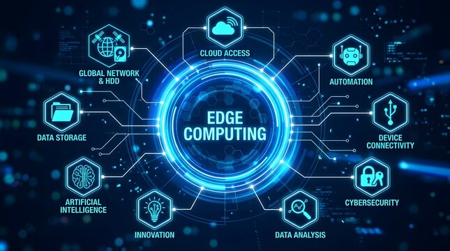 "Edge Computing Network Concept with Central Glowing Circle Connected to Hexagonal Icons for Data Management Cloud Integration AI Inference Storage Security Encryption Real-Time Analytics and IoT Conn