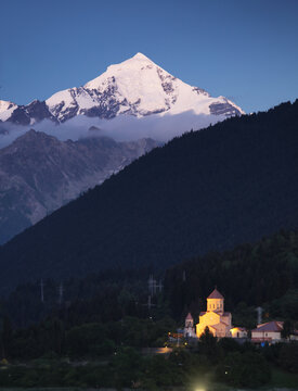 Georgia, Caucasus mount Tetnuldi at night from village Mestia