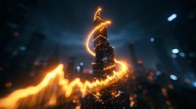 Glowing Financial Chart Swirling Around Modern Skyscraper