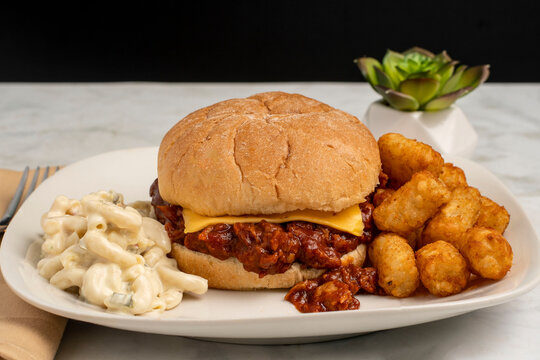  pulled pork  sandwich  with macaroni salad  and tots