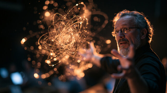 Scientist Demonstrating Quantum Physics and Glowing Atomic Model