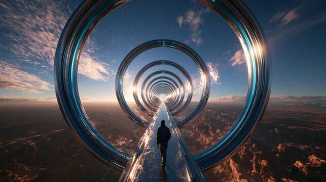 Futuristic Pathway with Metallic Rings and Figure at Sunset