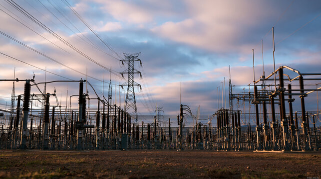 High Voltage Electrical Substation and Power Grid at Sunset