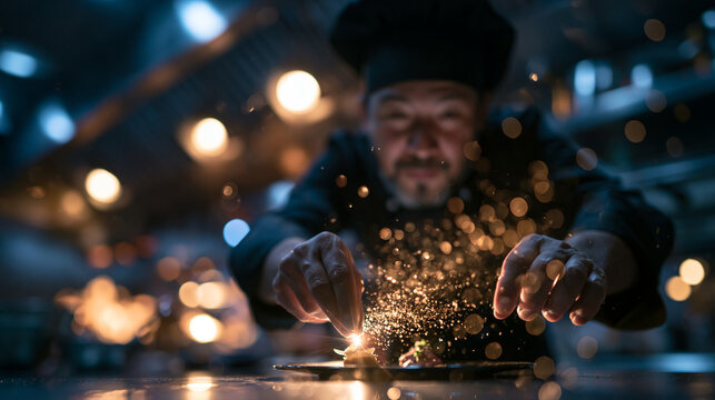 Professional Chef Plating Gourmet Dish in Restaurant Kitchen