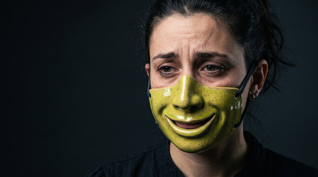A tired female employee, but wearing a mask of smiles to hide the truth. The concept of workplace burnout and self-deception through masks, with space for copying.