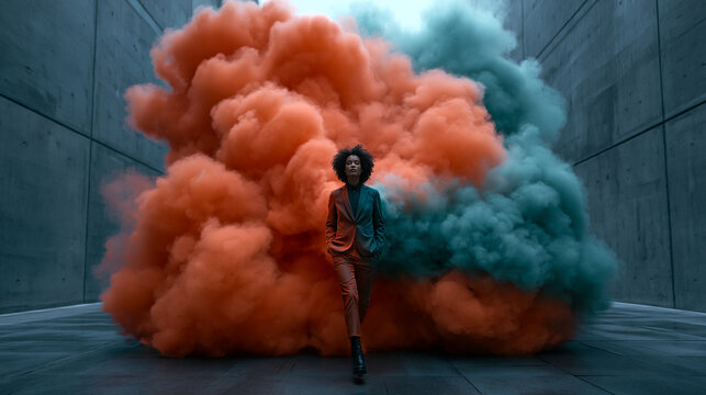 Confident Woman Walking Through Orange and Teal Smoke Cloud