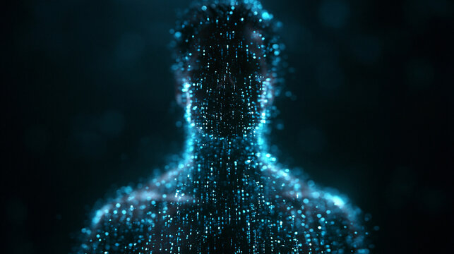 Digital Human Silhouette Formed by Glowing Blue Particles