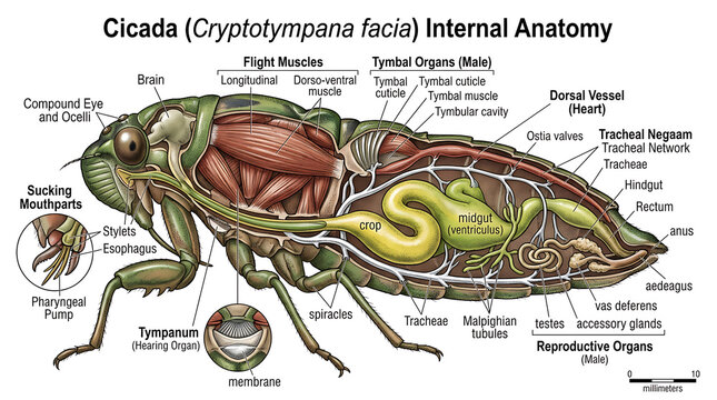 Educational vector diagram showcasing the detailed internal anatomy of a male cicada insect showing organs, muscles, and biological systems
