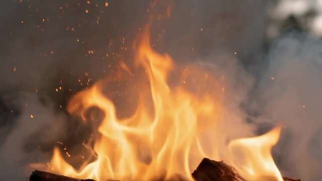 Mesmerizing flickering flames dancing with twisting shapes in warm firelight ambiance