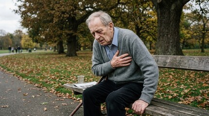 Obraz premium Elderly Man Experiencing Chest Pain On Park Bench During Autumn