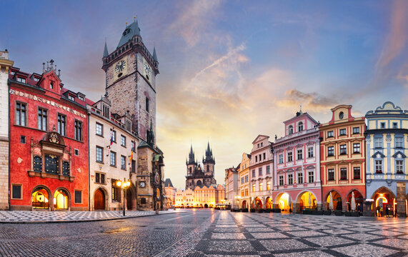 Prague Beautiful Old Town Square with the church without people, Kostel Panny Marie pred Tynem at the sunrise. Church of the Virgin Mary.