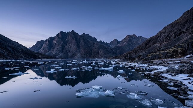 Rocky mountains and ice floes reflecting in a calm glacial lake during blue hour with cinematic lighting.