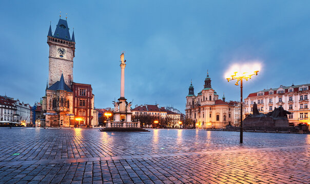 Prague Beautiful Old Town Square with the church without people, Kostel Panny Marie pred Tynem at the sunrise. Church of the Virgin Mary.