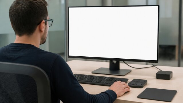 Distraction blocking browser mode: A software tester evaluates a blank low-clutter screen layout from behind so no interface text is visible
