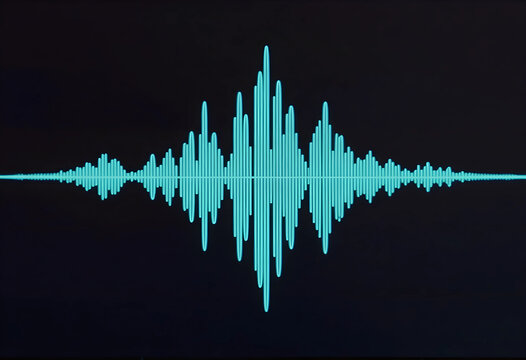 Audio visualization and sound wave frequency, digital signal processing and music technology concept, cyan waveform on a dark black background