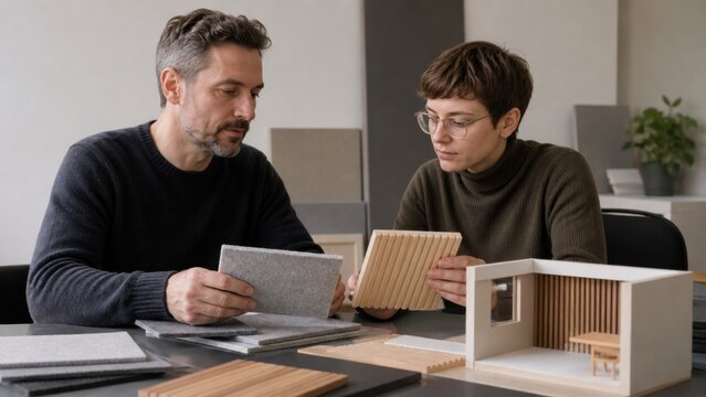Acoustic material selection: An acoustics consultant and neurodivergent advisor handle plain felt and wood samples beside a room model