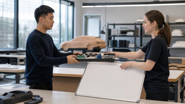 Asynchronous project handoff: Two coworkers exchange a tray of color-coded prototype parts and a blank visual workflow board at shift change