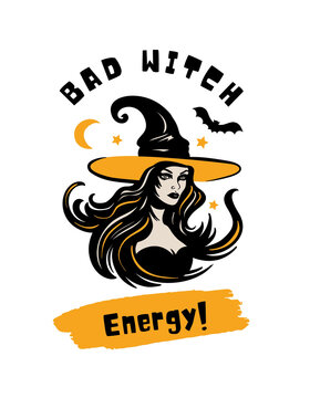 Black Orange Illustrative Witch Halloween T-Shirt - 1