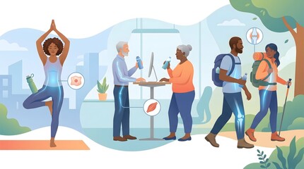 Obraz premium Healthy active lifestyle people managing blood sugar levels with yoga exercise and hiking for metabolic wellness illustration