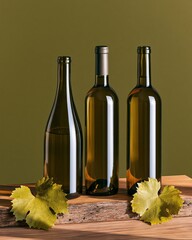 Naklejka premium Three unlabeled wine bottles with grape leaves on rustic wood against olive green background